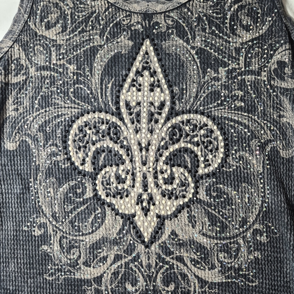 Vocal Dark Gray Fleur-de-Lis Embellished Tank Top Large - Picture 3 of 5